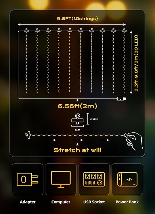 300 LED Fairy Curtain Lights – 9.8 ft x 9.8 ft, USB Plug, 8 Lighting Modes, Hanging Christmas LED String Lights with Remote Control for Bedroom, Indoor, and Outdoor Use