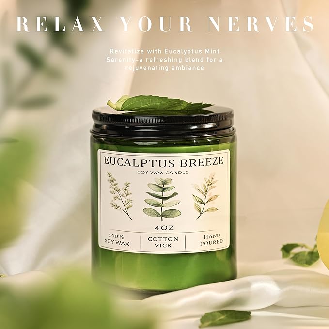 Eucalyptus and Mint Home Candle – 20-Hour Soy Candle Burn Time, Gift for Women, Stress Relief, Meditation, Yoga, Relaxation, Natural Soy Wax for Men and Women.