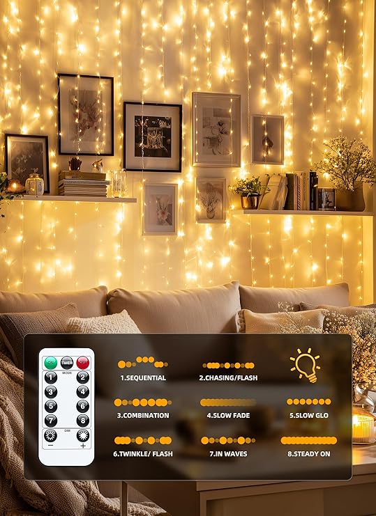 300 LED Fairy Curtain Lights – 9.8 ft x 9.8 ft, USB Plug, 8 Lighting Modes, Hanging Christmas LED String Lights with Remote Control for Bedroom, Indoor, and Outdoor Use
