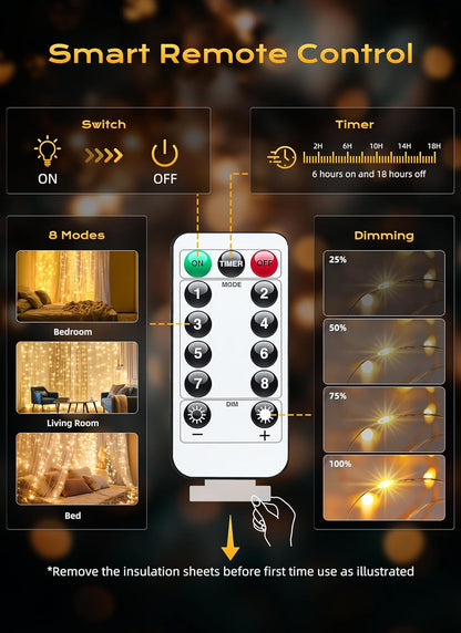 300 LED Fairy Curtain Lights – 9.8 ft x 9.8 ft, USB Plug, 8 Lighting Modes, Hanging Christmas LED String Lights with Remote Control for Bedroom, Indoor, and Outdoor Use